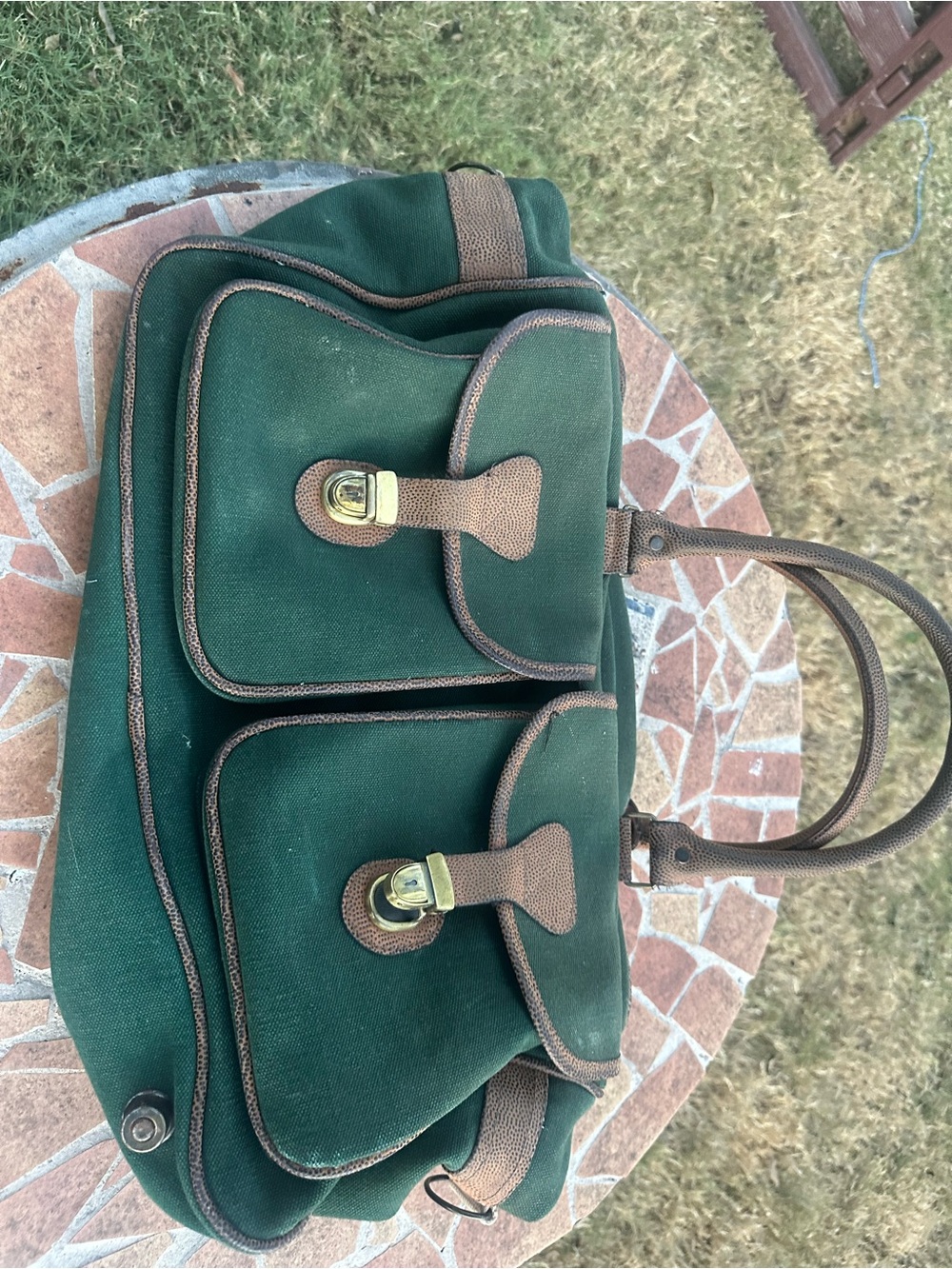 Vintage Green Canvas Tote Bag with Brown Trim